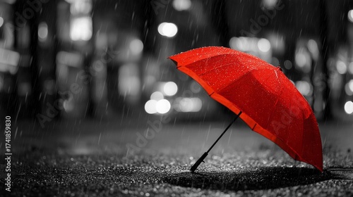 Red umbrella glowing under heavy rain,black-and-white city background,copy space,web banner.