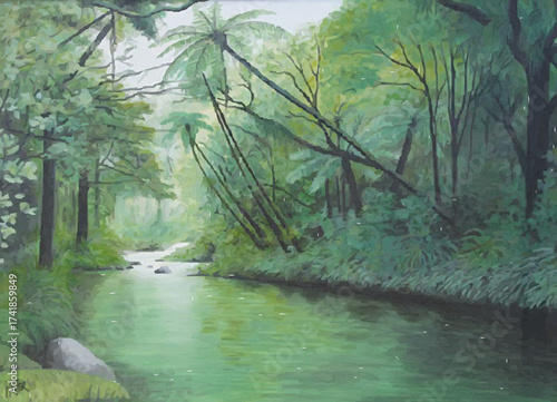 Tranquil forest stream with lush greenery and sunlight filtering through trees