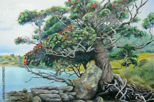 Ancient gnarled tree overlooking a serene water landscape