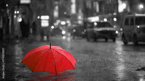 Red umbrella glowing under heavy rain,black-and-white city background,copy space,web banner.