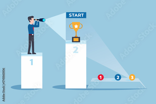 Businessman with spyglass looking towards a trophy on a podium with a start flag and numbered markers