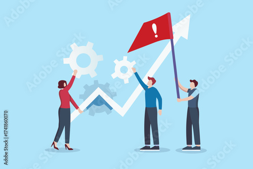 Teamwork and collaboration building success with gears and upward trending graph and flag