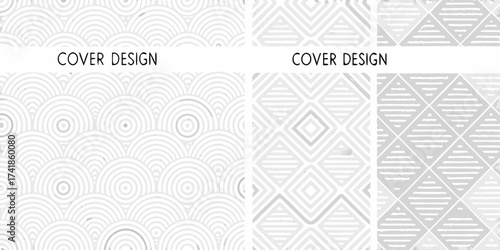 Two distinct abstract geometric patterns in light gray and white for cover design or background use
