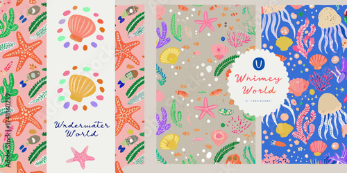 Whimsical underwater world collection featuring starfish seashells jellyfish and coral in vibrant colors