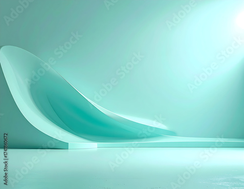Abstract Mint Green Curved Stage with Dramatic Spotlight Lighting and Reflection, Minimalist Product Display Background