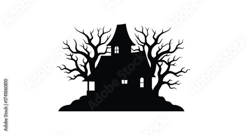 Spooky haunted house silhouette with bare tree branches eerie atmosphere for halloween celebrations