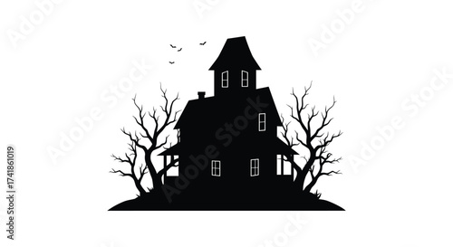 Spooky silhouette haunted house silhouette with bare trees and birds for halloween ambiance and themed design projects