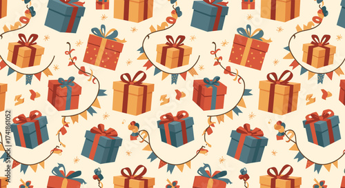 A festive pattern of colorful gift boxes and festive bunting is perfect for celebrations and happy occasions.