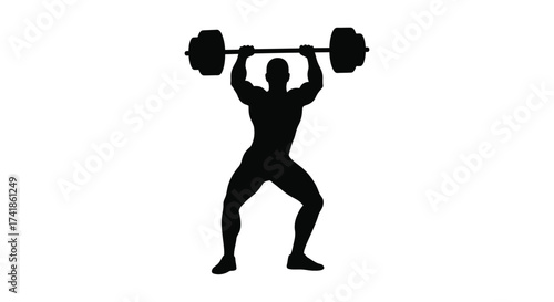 Silhouette of a strong athletic man lifting a heavy barbell overhead in a powerful fitness workout pose