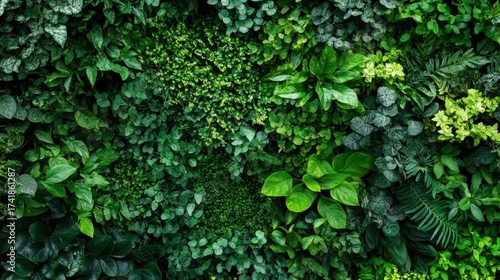 Lush Greenery Wall of Various Leaves and Plants in Natural Setting