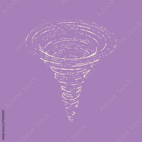 Stylized depiction of a tornado swirling downward with a textured, abstract in soft purple tones