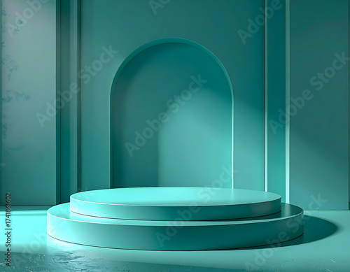 Elegant minimalist 3D rendered scene featuring a clean, empty teal display podium with arch accents and subtle shadows, perfect for product showcases or abstract background designs