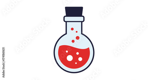 Round bottom flask with red liquid bubbling upward and cork stopper for potion and alchemy concept
