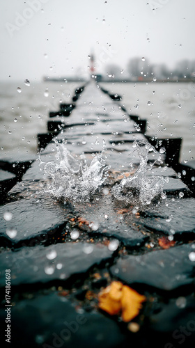 Dynamic Water Splash on a Rainy Stone Pier Leading to a Lighthouse