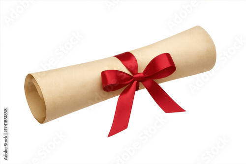 Rolled paper scroll diploma with red ribbon bow