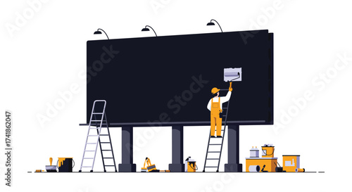 Construction worker installing advertisement on large dark billboard structure with ladders and supplies creating visual impact advertising