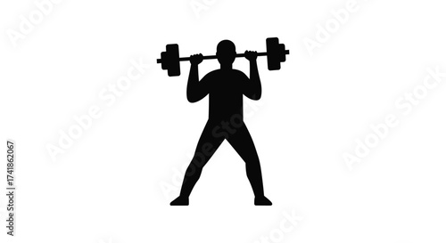 Silhouette of a muscular man performing a barbell overhead press for intense strength training workout