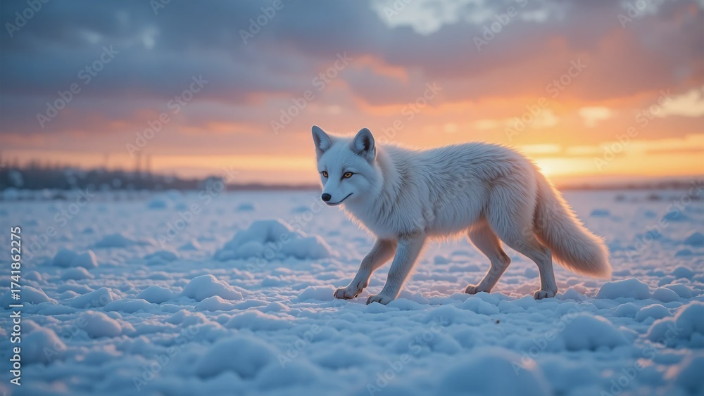 Fototapeta premium Arctic Fox Walking at Sunset