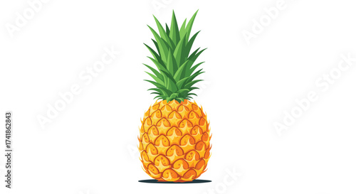 A bright golden pineapple stands tall with a crown of vibrant green leaves on a white background.