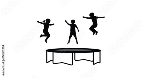 Joyful silhouettes of children bouncing and leaping high on an outdoor trampoline during daytime fun activities