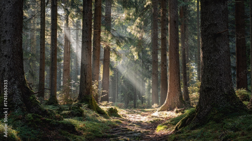 Obraz premium Sunlight streaking through forest trees