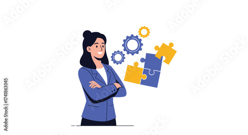 A woman confidently looks at puzzle pieces and gears representing problem solving.