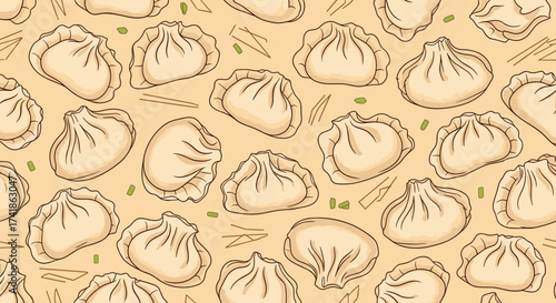 A delightful pattern featuring an assortment of savory dumplings and chopsticks. This design evokes the essence of Asian cuisine and culinary traditions.