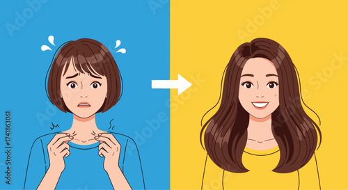 A woman's transformation from stressed to relaxed and happy.