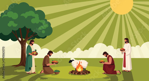Biblical sacrifice in an outdoor setting with people and a sheep on fire.