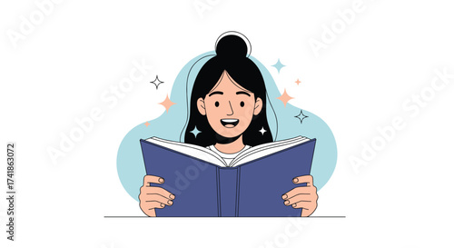 A young girl is happily reading a book. 