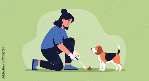 A person is cleaning up dog poop in the park with their dog.