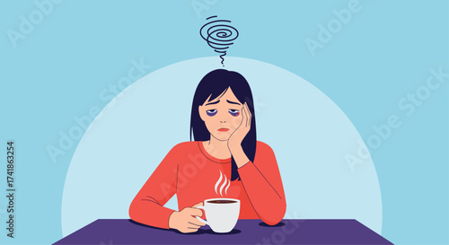 A young woman feeling unwell and stressed with a cup of coffee.