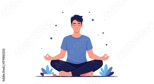A man meditates peacefully in a serene lotus position.