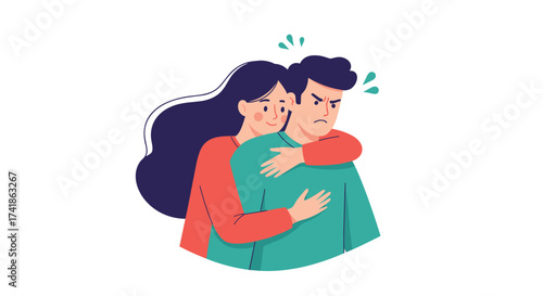 Woman hugging angry man and trying to calm him down.