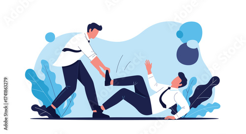 A man helping another man up from the ground.