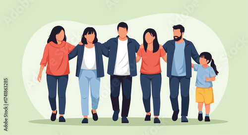 A multi-generational family walks together arm in arm.