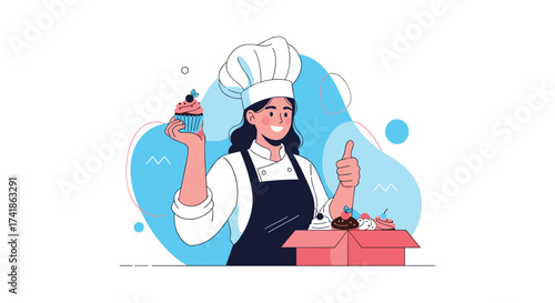 Professional chef decorating a delicious cupcake with colorful frosting.