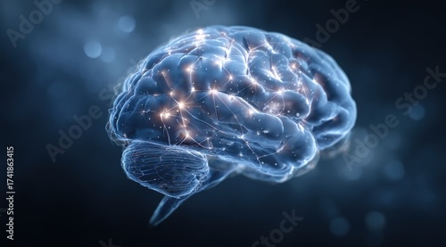 This artwork depicts a human brain with luminous connections, showcasing areas involved in language processing and brain chemistry against an abstract blue background.