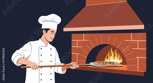 A chef using a peel to place a pizza into a wood fired oven.