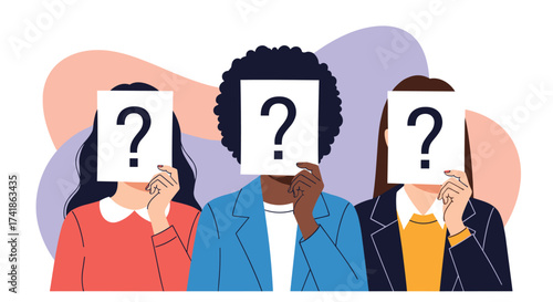 Three unknown people holding question mark signs over their faces.