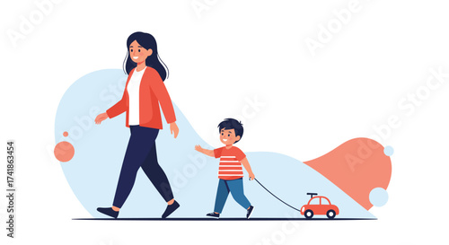 A mother and her young son walk together with a toy car on a leash.