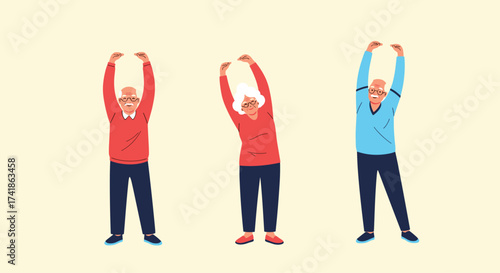 Three elderly people performing stretching exercises together.