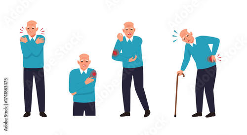 Older man experiencing different types of joint pain and discomfort.