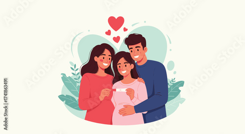 A happy family shares the exciting news of a positive pregnancy test.