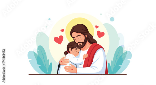 Jesus lovingly embraces a child with affection.