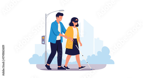 A man helps a visually impaired woman walk down the street.