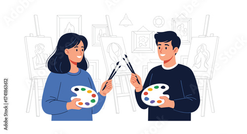 A young couple happily painting together in a studio creating art.