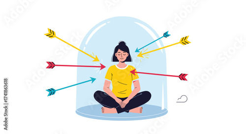 A person sitting peacefully inside a protective dome surrounded by arrows representing challenges.