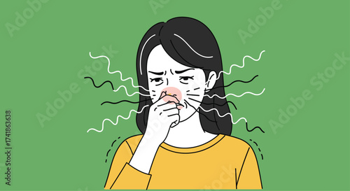 Woman holding her nose due to a bad smell or odor.