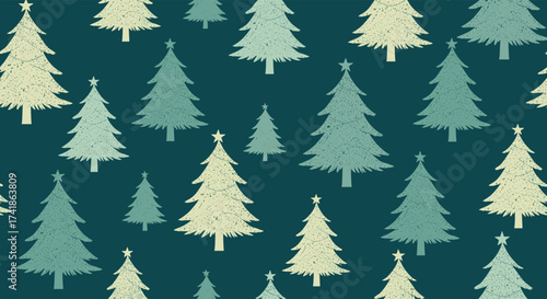 Repeating festive green and cream evergreen trees pattern on a dark teal background.